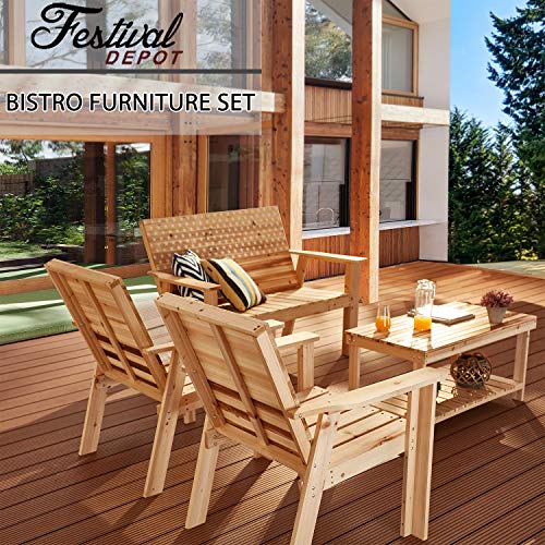 Festival Depot 4 Pieces Patio Furniture Outdoor Conversation Set Wood Armrest Loveseat Lounge Chair Stars and Strips Printing Dining Coffee Side Table