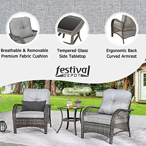 Festival Depot 3 Pieces Patio Bistro Set PE Wicker Armchairs Set of 2 with Tempered Glass Top Side Table Outdoor Furniture Conversation Set (Brown Wicker, Grey Cushion)