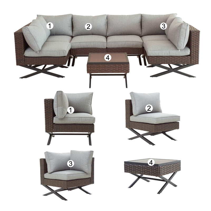 Festival Depot 7pcs Outdoor Furniture Patio Conversation Set Sectional Corner Sofa Chairs with X Shaped Metal Leg All Weather Brown Rattan Wicker Ottoman Side Coffee Table with Grey Seat Back Cushions