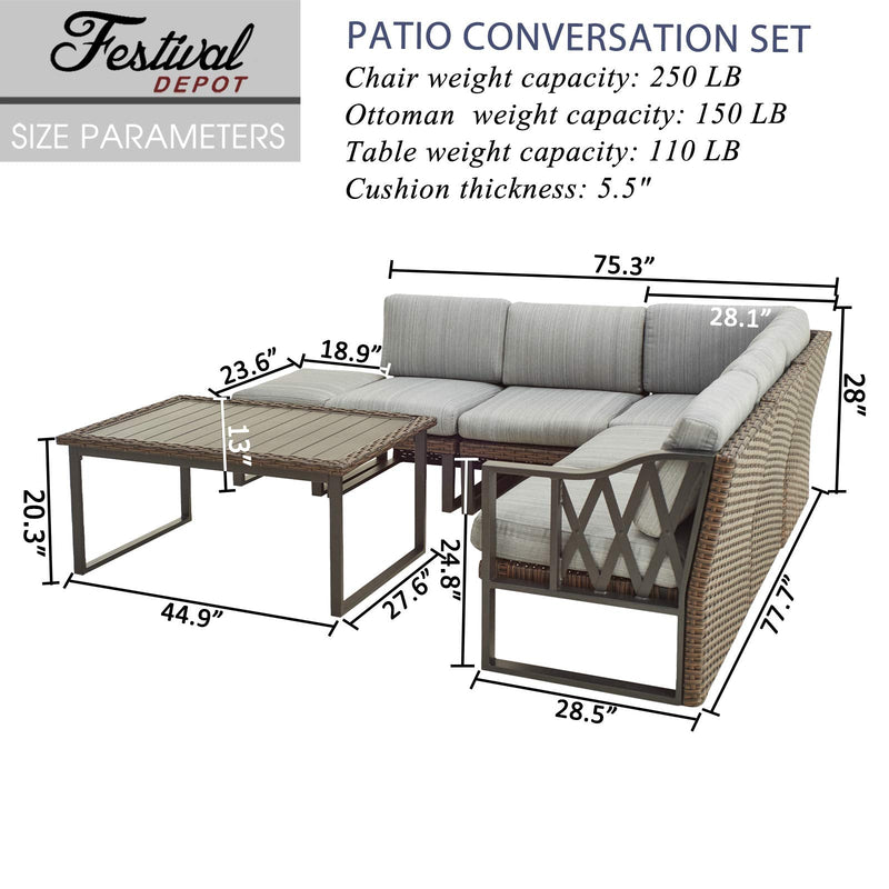 Festival Depot 7pcs Outdoor Furniture Patio Conversation Set Sectional Corner Sofa Chairs All Weather Brown Rattan Wicker Ottoman Slatted Coffee Table with Thick Seat Back Cushions (Grey)