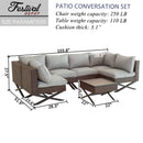 Festival Depot 7pcs Outdoor Furniture Patio Conversation Set Sectional Corner Sofa Chairs with X Shaped Metal Leg All Weather Brown Rattan Wicker Ottoman Side Coffee Table with Grey Seat Back Cushions