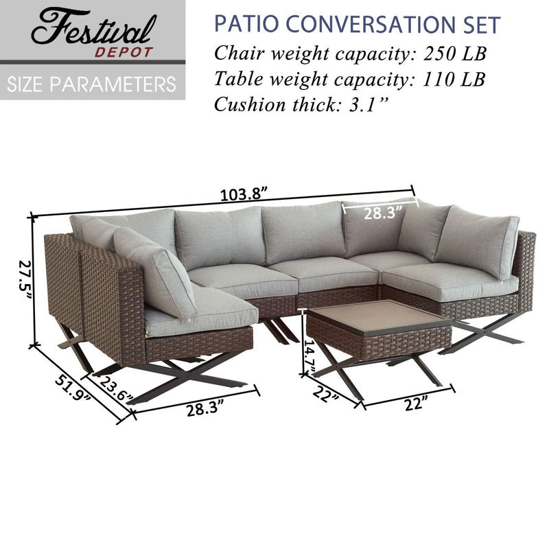 Festival Depot 7pcs Outdoor Furniture Patio Conversation Set Sectional Corner Sofa Chairs with X Shaped Metal Leg All Weather Brown Rattan Wicker Ottoman Side Coffee Table with Grey Seat Back Cushions