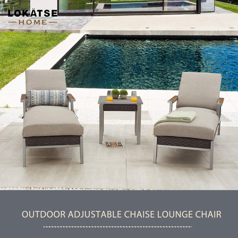 3 Piece Luxury Patio Chaise Lounge Set with Adjustable Wicker Reclining Chairs, Removable Cushions and Side Table