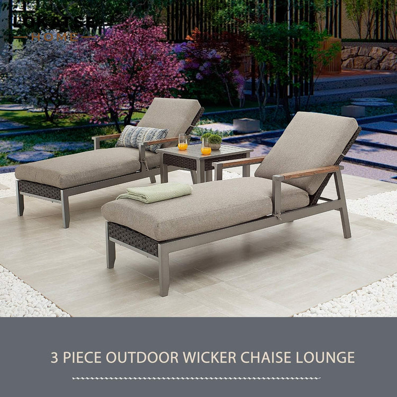 3 Piece Luxury Patio Chaise Lounge Set with Adjustable Wicker Reclining Chairs, Removable Cushions and Side Table