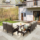 Festival Depot 7 Pcs Patio Outdoor Furniture Loveseat Conversation Set Sectional Sofa with All-Weather Brown Wicker Back Chair, Coffee Side Table, Ottoman and Soft Thick Removable Couch Cushion