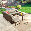 Festival Depot 7pcs Outdoor Furniture Patio Conversation Set Sectional Corner Sofa Chairs All Weather Brown Rattan Wicker Ottoman Slatted Coffee Table with Thick Seat Back Cushions (Grey)