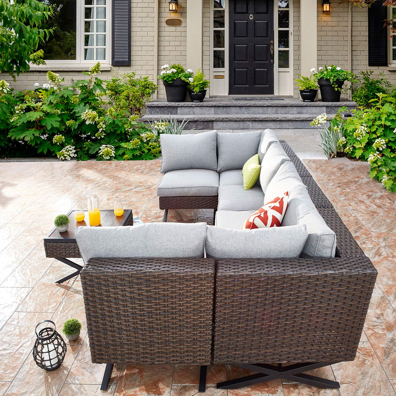 Festival Depot 7pcs Outdoor Furniture Patio Conversation Set Sectional Corner Sofa Chairs with X Shaped Metal Leg All Weather Brown Rattan Wicker Ottoman Side Coffee Table with Grey Seat Back Cushions