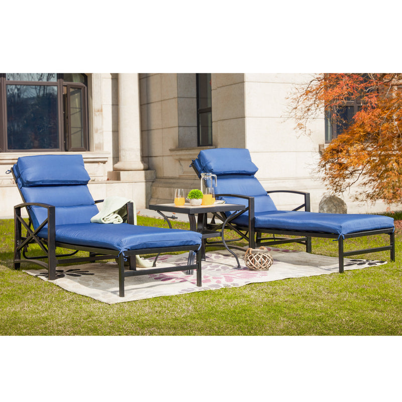 3 Piece Outdoor Lounge Set with Cushioned Adjustable Recline Chaise Chairs and Coffee Table